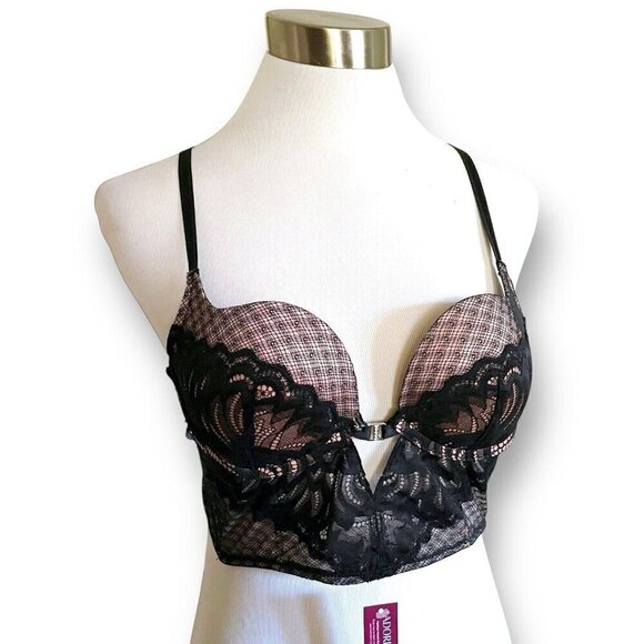 Adore Me 36B Camilla Push Up Bra Black Lace Plunge Underwire Rhinestone Longline - Picture 4 of 8